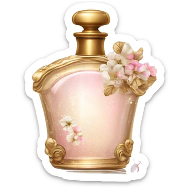 Vintage perfume bottle in antique Greek style, white, pink and beige, oil perfume inside, sequins and flowers fluttering around sticker