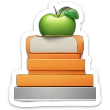 stack of macbook on top of apple on top of orange on top of brick on top of lizar sticker