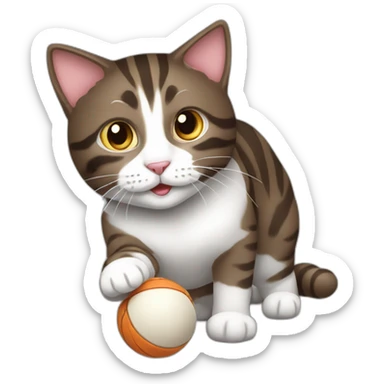 Dark brown and white Tabby Cat playing with a ball sticker