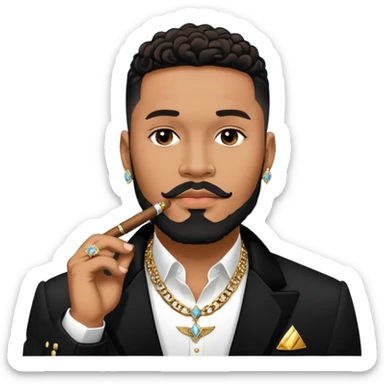portrait of a Josh king Madrid in black with a gold private plane behind him . Wearing big sparkly diamond earrings and diamond chains on with a cigar in his mouth. Light black clean perfect lined up thin-beard . Looks unfazed cool sticker