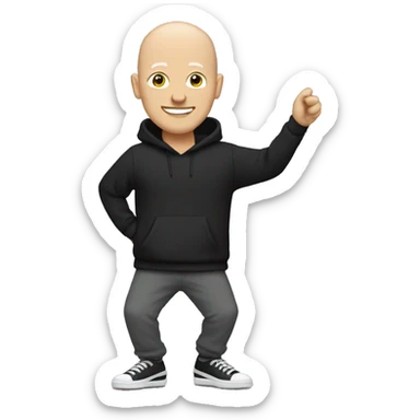 a bald white man, with a black sweater and gray jogging pants and dancing shoes sticker