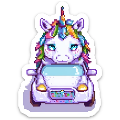 Place a dirty, crumpled unicorn with bags under its eyes, a drooping horn, and a bright shiny headband behind the wheel of a car in a pixel art style. Maintain the pixel art style and the unicorn's described features. sticker