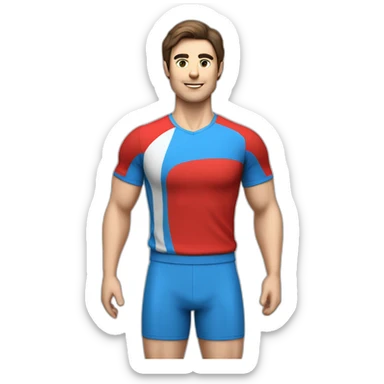 retro 70s blue and red gym clothes for a modern white brunette uni male student with glass sticker