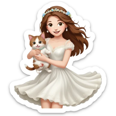 White woman - long hair - white wedding dress - holding a kitten - happy - jumping - fashionable - elegant - bouquet - dreamy - colorful - pearl accessories sticker