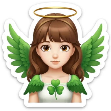 girl in brown hair ant has a cute bangs, wear wings, clover on her hair sticker