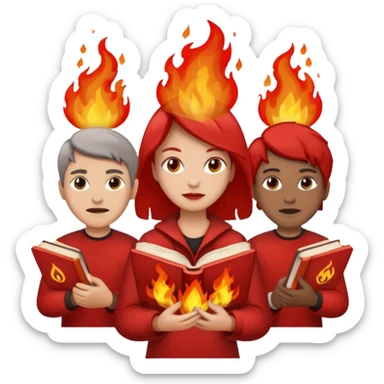 Chinese culture revolution, a group of ppl wearing red, buring books sticker