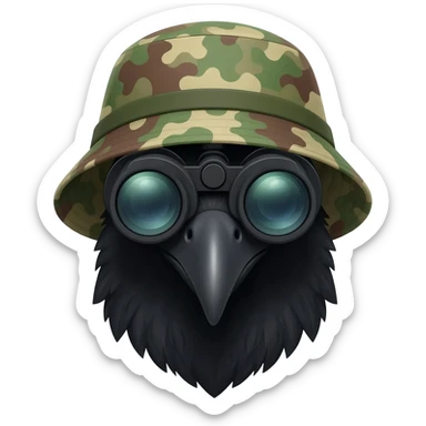 A raven from shoulders up and from 45 degrees, wearing dual tube night vision devices pvs-31 over their eyes and a camoflage Boonie hat sticker