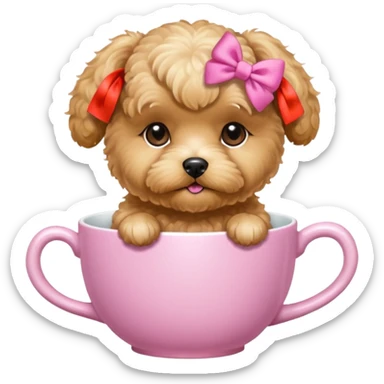 Golden maltipoo dog with pink bow k bow that is very poise make it have a cup of tea sticker