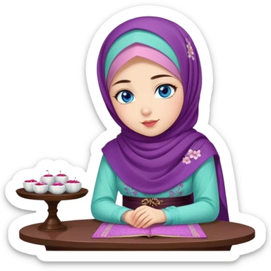Turkish beautiful finish Konya girl blue eyes with cherry blossom floral purple and mint hijab islamic dress and with yummy Drooling face on the table sticker