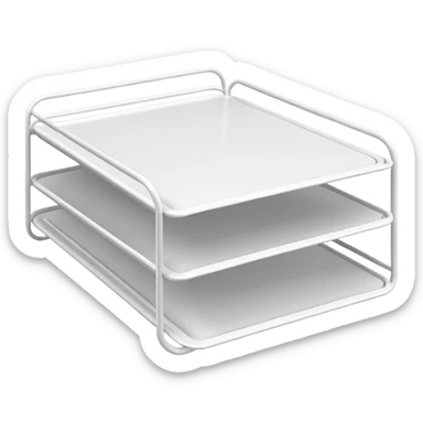 A minimal, clean emoji-style illustration of a white metal desk paper organizer tray, shown in slight isometric view so its structure is readable at a small scale. The organizer is rectangular with rounded corners, made of thin white metal wires, forming two to three stacked horizontal slots. sticker
