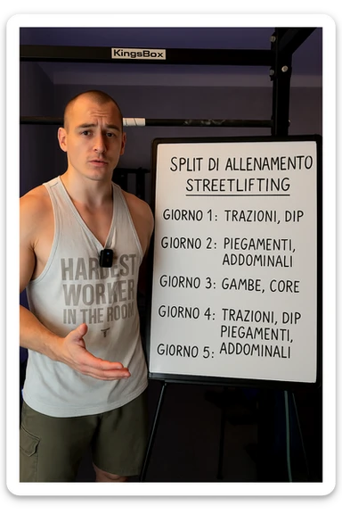 uomo che spiega alla lavagna la "Split di Allenamento" per lo streetlifting. tutto in italiano sticker