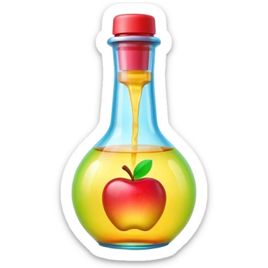 A 3D Apple-style beverage bottle emoji, transparent glass filled with colorful liquid (like soda or juice), shiny surface with light reflections, simple round body with a narrow neck and cap, clean minimal background. sticker