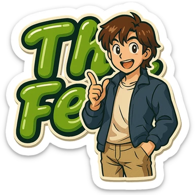 Add a brunette anime man standing in front of the green bubble letters that say 'The Fern' with a black outline. The man should have medium-length brown hair, stylish casual clothes, and an expressive anime face. Keep the rounded, glossy, energetic vibe. sticker