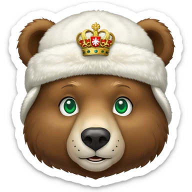 Friendly brown bear face with emerald green eyes, white furry ushanka winter hat with prominent Russian Federation coat of arms, iOS emoji style sticker