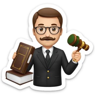 “Create a clean, modern emoji-style illustration of a male lawyer. He is wearing a formal suit jacket. He is holding a judge’s gavel (QUE SE VE DE COSTADO) in one hand and has a law book tucked under his arm. He has a mustache and beard (BARBA)!, and GLASSES sticker