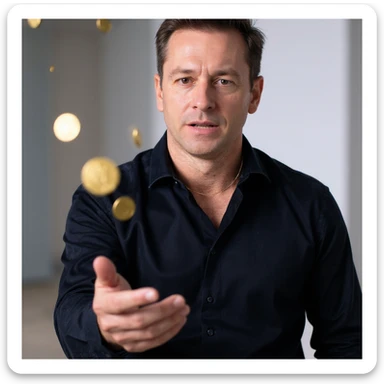 Add the effect of gold coins being thrown by the man with his hand, symbolizing valuable good advice. Maintain the realistic and cinematic style, aspect ratio 2:3. sticker