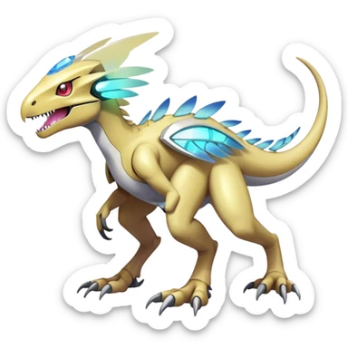 Shiny Futuristic Ethereal Fakemon-Pokemon-Digimon-Spectrobes-Raptor-fusion, full body, four legs sticker