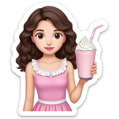 Wavy brunette hair and brown eyes pink dress and holding oreo milkshake in her hands and it's a girl sticker