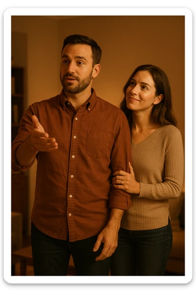 a woman stands slightly behind a man in a domestic setting, looking at him con fiducia e attesa. Il man is upright, with a confident and decisive posture, gently gesturing as if giving direction. The woman’s body language is relaxed and receptive, showing that she trusts and follows his lead. The background is warm and softly lit, emphasizing the couple’s dynamic. sticker
