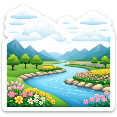 landscape with river, flowers, and clouds sticker