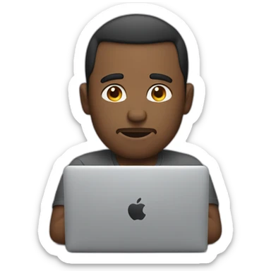 man working on his macbook laptop looking down with his eyes sticker