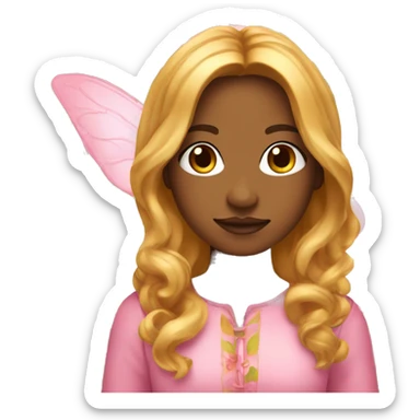 Fairy woman emoji with long wavy copper hair and blonde highlights, also with curtain bangs, brown/honey eyes, with a pink outfit inspired in flower leaves sticker