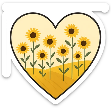 heart with a golden sunflower hill, clean digital illustration sticker
