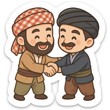 cartoon two Kurdish men in traditional Kurdish clothing friendly greeting with hug or handshake, colorful and cheerful, no text, sticker style suitable for WhatsApp and Instagram sticker