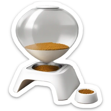 A modern, white manual pet feeder with wooden legs, a metal bowl at the bottom, a transparent front window, and a top lever for dispensing food. sticker