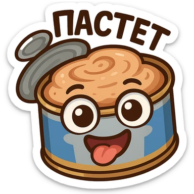 Funny chibi open pâté tin can, lid flipped open, creamy pâté visible, goofy smiling face, exaggerated big eyes, playful cartoon emoji style, thick outline, bright colors, Twitch chat emote, text "ПАСТЕТ" in Cyrillic abovee sticker