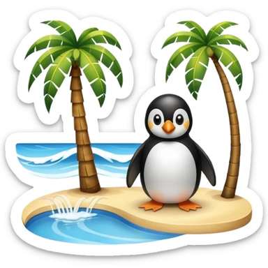 a penguin sitting by a palm tree and pool at the seaside with waves sticker