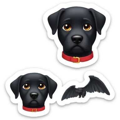 black dog, big jowls, sad puppy eyes, wings, winged dog, angel wings,red collar sticker