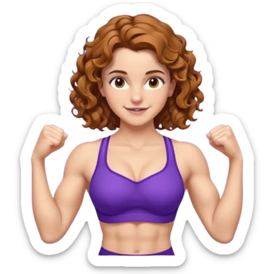 big biceps, muscled torso, very beautiful italian happy girl, looking like Emma Watson, with wavy curly bright hazelnut hair, dressed in violet bra sports outfit, very muscled sticker