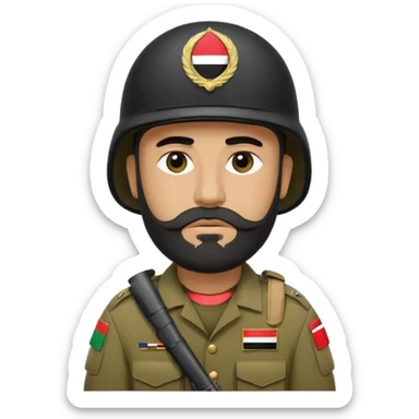 A very tired and sad, swarthy Iraqi soldier with a beard, an Iraqi flag on his helmet, a sad expression and bags under his eyes sticker