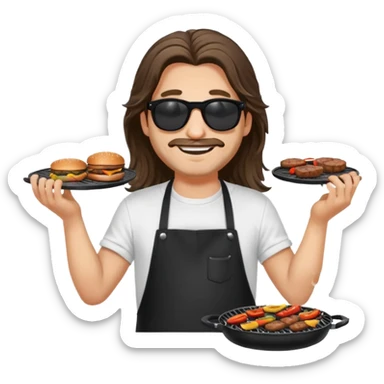 long hair man grilling wearing shade smiling in a white tshirt and a black apron grilling burger and meat on a sizzling grill sticker