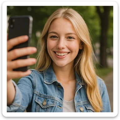 blonde girl taking a selfie sticker
