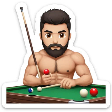 Dark haired bearded hairy chest muscle man playing snooker sticker