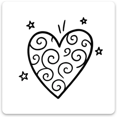 Remove the cat from the image, keep only the heart with stars and swirls in a hand-drawn doodle style. The style should resemble notion style hand drawn doodles with playful stars and swirling decorative accents. sticker