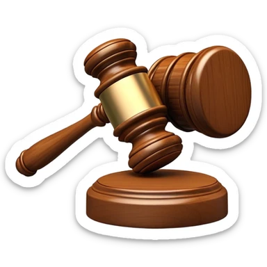 An emoji representing justice and penalty. A wooden judge's gavel striking a sound block, symbolizing a legal decision or punishment. The design is simple, 3D, and slightly glossy, resembling official court decisions sticker