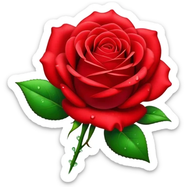 Cinematic Realistic Rose Emoji, Elegant and full of grace, with velvety, deep red petals unfurling in a perfect bloom, dew drops glistening on the soft edges, and a faint fragrance hanging in the air. The lush green leaves surround the stem, creating a vibrant contrast to the rich color of the petals. Soft glowing outline, capturing the essence of timeless beauty and romance in a single bloom. sticker