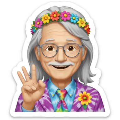 elderly man with long grey hair, glasses, peace sign necklace, tie-dye clothing, flower crown sticker
