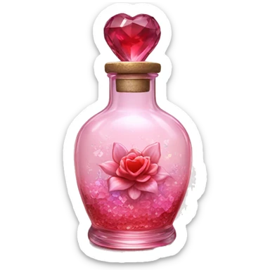 Antique oil heart bottle made of crystal glass of all gentle colors of the red and pink, a living flower fairy sits at the bottom of the bottle sticker