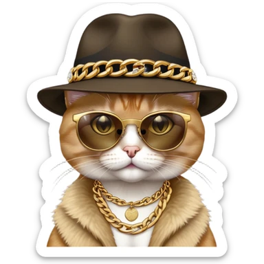 female cat head and shoulders wearing Run DMC hip-hop outfit, fedora, dark sunglasses, many gold chains, bling accessories sticker