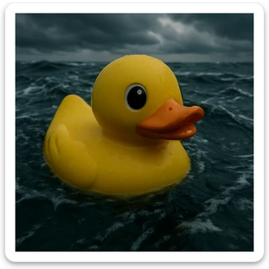 Extreme Closeup shot of Yellow duck toy on ocean during cloudy day, stormy sea, Camera from top, inspired by interstellar, shot by camera alexa 65, 35mm lens sticker