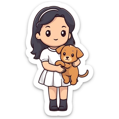 A beautiful girl with long straight black hair wearing a white skirt holding a small brown curly teddy dog sticker
