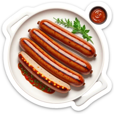 Cinematic spicy chipotle sausage, glistening with smoky, tangy sauce, charred and grilled to perfection, sliced open to reveal juicy filling, served with fresh herbs, rich and flavorful, detailed and appetizing. sticker