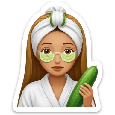 woman at the spa with cucumbers slices covering her eyes and tan skin tone with towel completely covering hair and robe on sticker