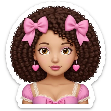 medium-light kinned afro-latina girl with medium length chocolate brown side part curly hair, brown eyes, pink sweetheart necklined top with lace, round wide-ish nose, chubby long shaped face, pink bow sticker