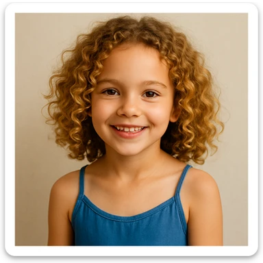 A girl with curly golden hair, brown eyes, blue camisole dress, smiling, simple background sticker