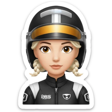 woman with white braided hair in black racer helmet sticker